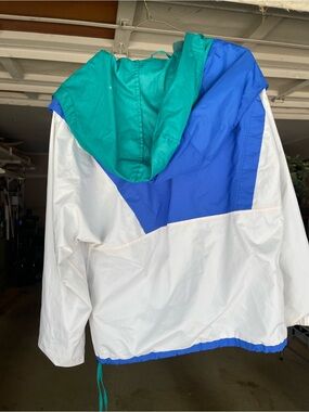 Obermeyer White, Blue & Teal Colorblock Hooded Raincoat vintage